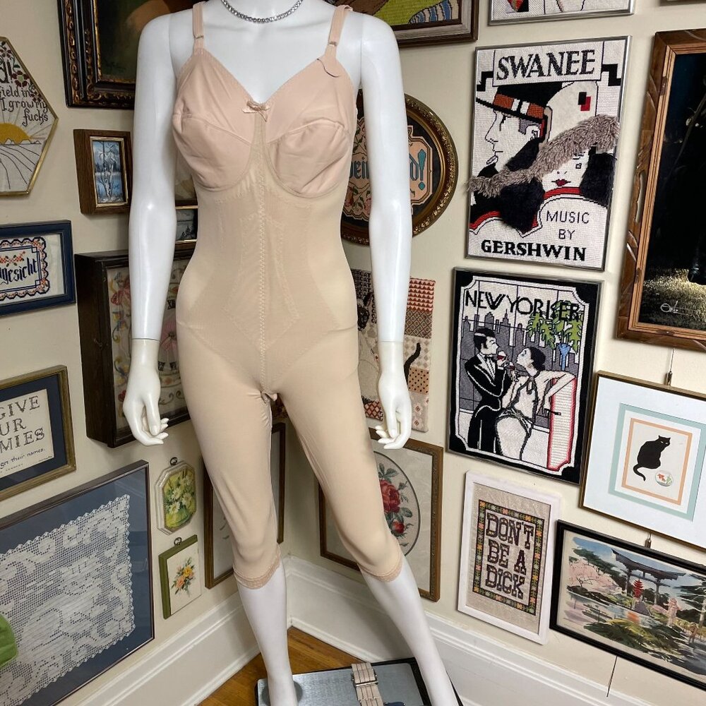 80s Vintage Montgomery Ward Tan Nylon & Spandex Longline Shapewear Bodysuit 38D
